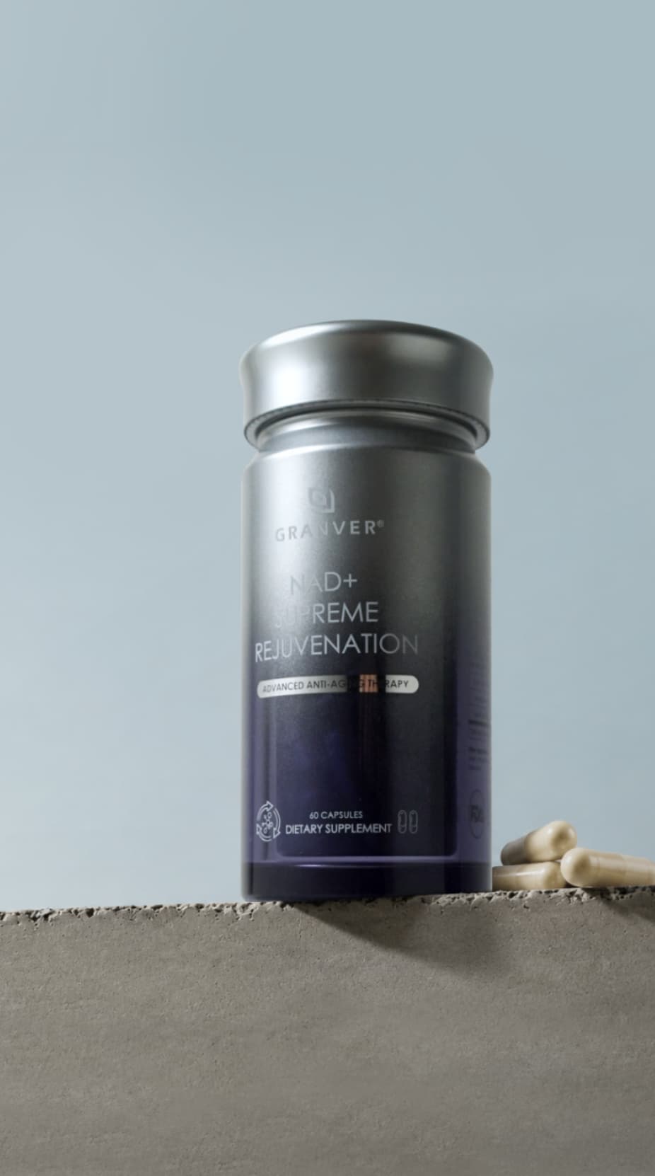 Granver NAD+ Supreme Rejuvenation bottle on a stone display